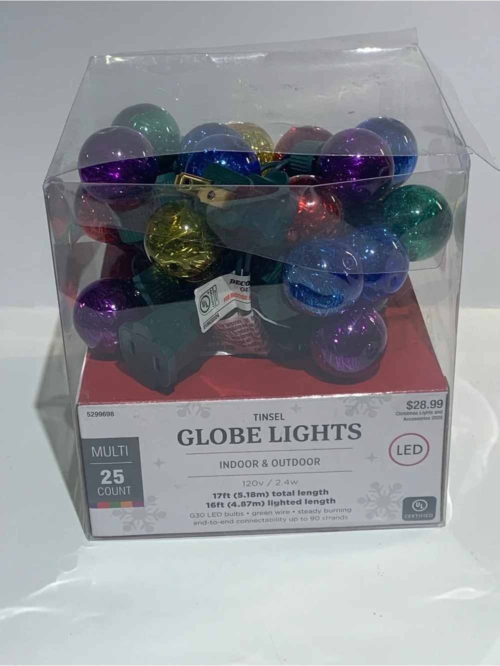 Tinsel Multi-Color Tinsel Globe String Lights - Red, Green, Blue, Purple, Yellow